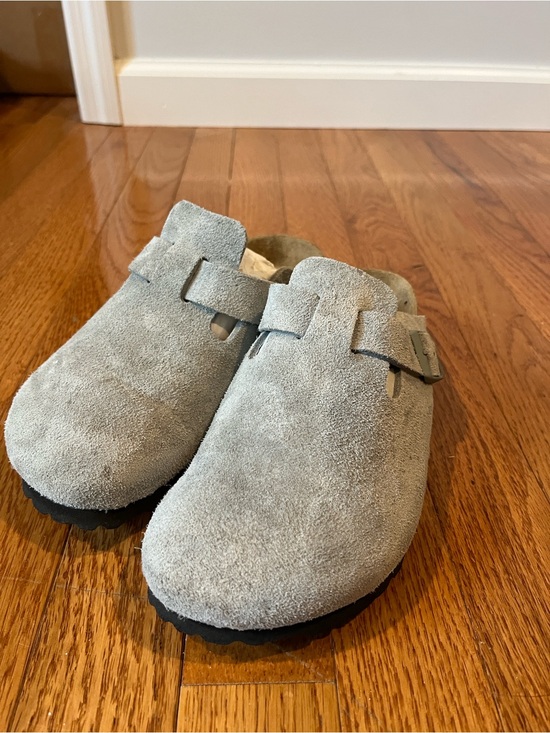 Birkenstock Shoes - Birkenstock Boston Clog Soft Footbed
in Suede Leather, "Pure Sage" colorway